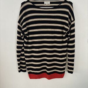 Lou & Grey Black, Tan, Cream Sweater w/ Red Trim Boatneck Sweater Sz S